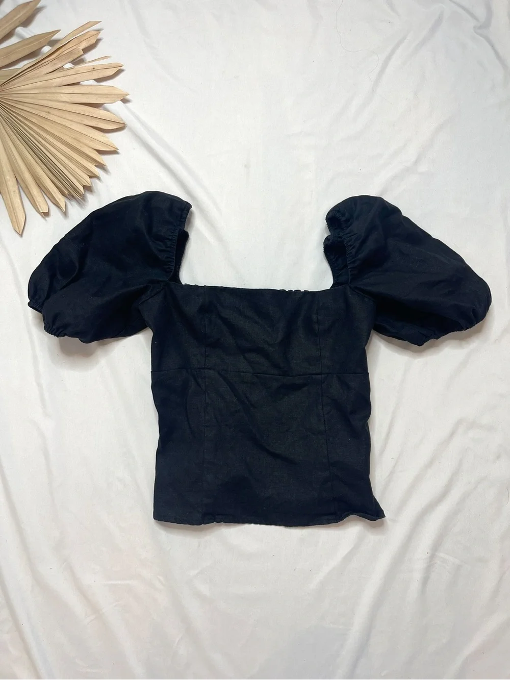 Reformation Arancini Black 100% Linen Square Neck Puff Sleeve Blouse Top Size 8